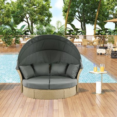 Round Wicker Daybed with Retractable Canopy