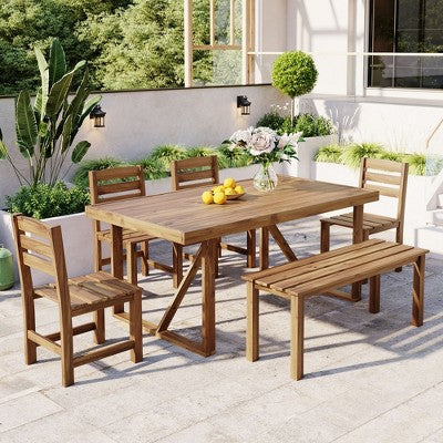 Whisen Acacia Six-Seat Dining Bench Set