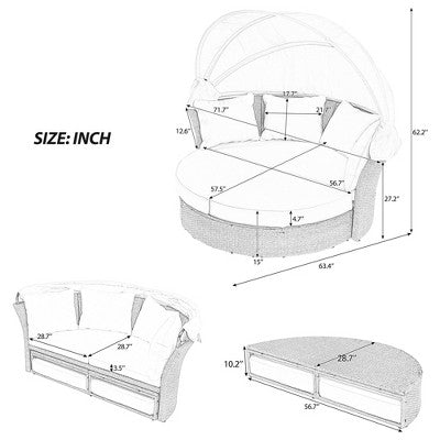Round Wicker Daybed with Retractable Canopy