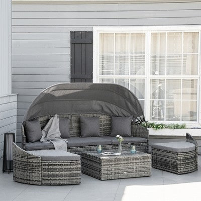 Outsunny Four-Piece Round Rattan Daybed Set